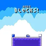 Blåt og hvidt pixel-art landskab med ordet MINI BLOCKS!