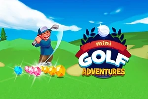 En animeret figur spiller minigolf på en grøn bane med farvestrålende juveler og et logo til højre