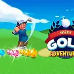 En animeret figur spiller minigolf på en grøn bane med farvestrålende juveler og et logo til højre