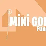 Tekstgrafik på orange baggrund med ordene Mini Golf Funny i hvid tekst