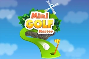 Tegning af en golfbane med en grøn vej, golfbold, flag, vindmølle og teksten Mini Golf Master mod en blå himmel med skyer