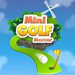 Tegning af en golfbane med en grøn vej, golfbold, flag, vindmølle og teksten Mini Golf Master mod en blå himmel med skyer