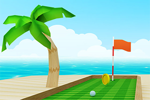 En digital scene med en palme ved siden af en minigolfbane, der har en rød flagstang og en guldfarvet ring, med havet i baggrunden