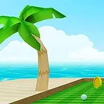 En digital scene med en palme ved siden af en minigolfbane, der har en rød flagstang og en guldfarvet ring, med havet i baggrunden