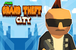 En tegneseriefigur med solbriller og hanekam holder en pistol foran en bysilhuet med teksten Mini Grand Theft City