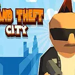En tegneseriefigur med solbriller og hanekam holder en pistol foran en bysilhuet med teksten Mini Grand Theft City