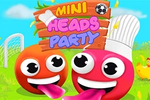 To farverige cirkelfigurer med store øjne og smil i en græsmark, med en boldmål og en træskilt med ordet Mini Heads Party