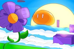 En lilla blomst foran en stor sol med øjne, omgivet af skyer og lilla blokke på en klar blå himmel