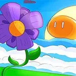 En lilla blomst foran en stor sol med øjne, omgivet af skyer og lilla blokke på en klar blå himmel