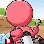 Pink figurlignende figur, der kører i en go-kart på en bane med grønt landskab i baggrunden
