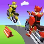 To figurer i farverige dragter kører på futuristiske motorcykler op ad en buet vej med skyer i baggrunden