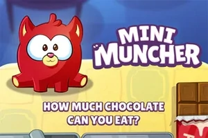 Rødt tegneserieagtigt væsen med store øjne, tekst MINI MUNCHER og chokoladeelementer