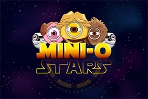 Tegnefilmfigurer med et stort øje står over teksten MINI-O STARS på en stjernehimmel-baggrund