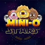 Tegnefilmfigurer med et stort øje står over teksten MINI-O STARS på en stjernehimmel-baggrund