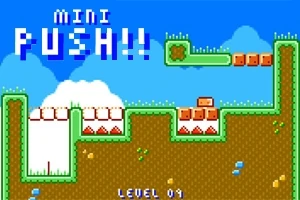 Et pixelgrafik-spilniveau med grønne platforme, orange blokke og teksten MINI PUSH!