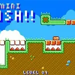 Et pixelgrafik-spilniveau med grønne platforme, orange blokke og teksten MINI PUSH!