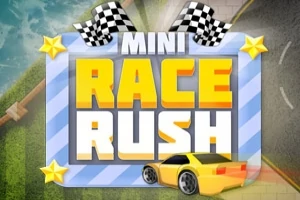 En gul racerbil kører mod en skilt med teksten Mini Race Rush med ternede flag og stjerner i hjørnerne