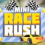 En gul racerbil kører mod en skilt med teksten Mini Race Rush med ternede flag og stjerner i hjørnerne