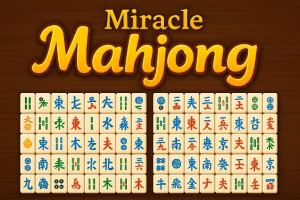 Mahjong-brikker arrangeret i rækker på en brun baggrund med teksten Miracle Mahjong øverst