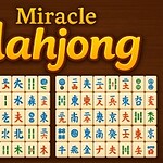 Mahjong-brikker arrangeret i rækker på en brun baggrund med teksten Miracle Mahjong øverst