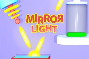 Farverigt grafisk design med teksten Mirror Light og strålende lysstråler mod en lilla baggrund