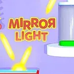 Farverigt grafisk design med teksten Mirror Light og strålende lysstråler mod en lilla baggrund