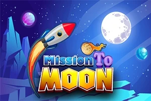 En raket flyver mod månen i en farverig rummet scene med teksten Mission To Moon i forgrunden