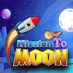 En raket flyver mod månen i en farverig rummet scene med teksten Mission To Moon i forgrunden