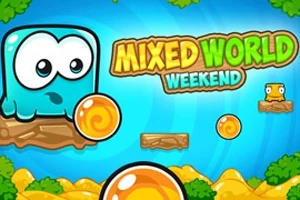 En blå, tegneseriekarakter med store øjne står på en platform ved siden af en orange kugle; farverig baggrund med teksten Mixed World Weekend