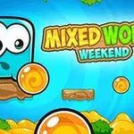 En blå, tegneseriekarakter med store øjne står på en platform ved siden af en orange kugle; farverig baggrund med teksten Mixed World Weekend