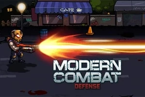 En animeret figur i rustning skyder en stor flamme fra en futuristisk pistol mod en mørk bybaggrund med en butik med skiltet Café