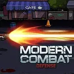 En animeret figur i rustning skyder en stor flamme fra en futuristisk pistol mod en mørk bybaggrund med en butik med skiltet Café