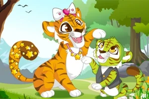 To legesyge, animerede tigre med store smil leger sammen i en farverig skov