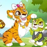 To legesyge, animerede tigre med store smil leger sammen i en farverig skov