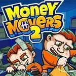 To an tegnet billede af to figurer i orange dragter, der håndterer pengesedler, omkranset af flyvende penge