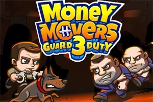 To mænd og en hund står over for to andre mænd i et animeret og dramatisk opstillet scenarie med teksten Money Movers Guard Duty 3 øverst