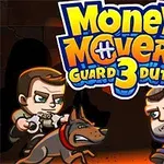 To mænd og en hund står over for to andre mænd i et animeret og dramatisk opstillet scenarie med teksten Money Movers Guard Duty 3 øverst