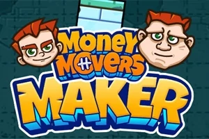 To an ansigter med rødt hår og store øjne ved siden af teksten Money Movers Maker i farverige bogstaver på en mørk baggrund