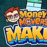 To an ansigter med rødt hår og store øjne ved siden af teksten Money Movers Maker i farverige bogstaver på en mørk baggrund