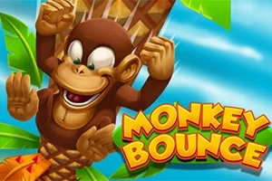 En animeret abe hænger glad på et træ med teksten Monkey Bounce i farverige bogstaver ved siden af