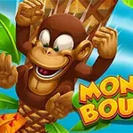 En animeret abe hænger glad på et træ med teksten Monkey Bounce i farverige bogstaver ved siden af