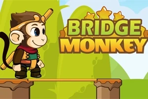 En tegneseriemønt er klædt i eventyrdragt, der står på en platform med teksten Bridge Monkey i baggrunden