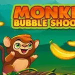 En glad abe ved siden af bananer med teksten Monkey Bubble Shooter i baggrunden