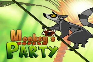 En animeret lemur klatrer op ad en lian med farvet tekst i forgrunden og en solopgang i baggrunden
