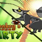 En animeret lemur klatrer op ad en lian med farvet tekst i forgrunden og en solopgang i baggrunden