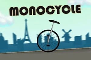 En enhjulet cykel foran en silhouet af en by med en tekst, der siger Monocycle