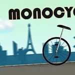 En enhjulet cykel foran en silhouet af en by med en tekst, der siger Monocycle