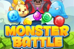 Tegneseriefigurer og farverige elementer med teksten MONSTER BATTLE