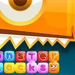 Et enkelt stort øje på en orange baggrund med zigzag-kanter, samt farverige blokbogstaver stavende monster blocks