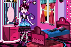En illustration af en pige i et farverigt værelse med punk-inspireret tøj, omgivet af pink og blå møbler og dekorationer med kraniemotiver